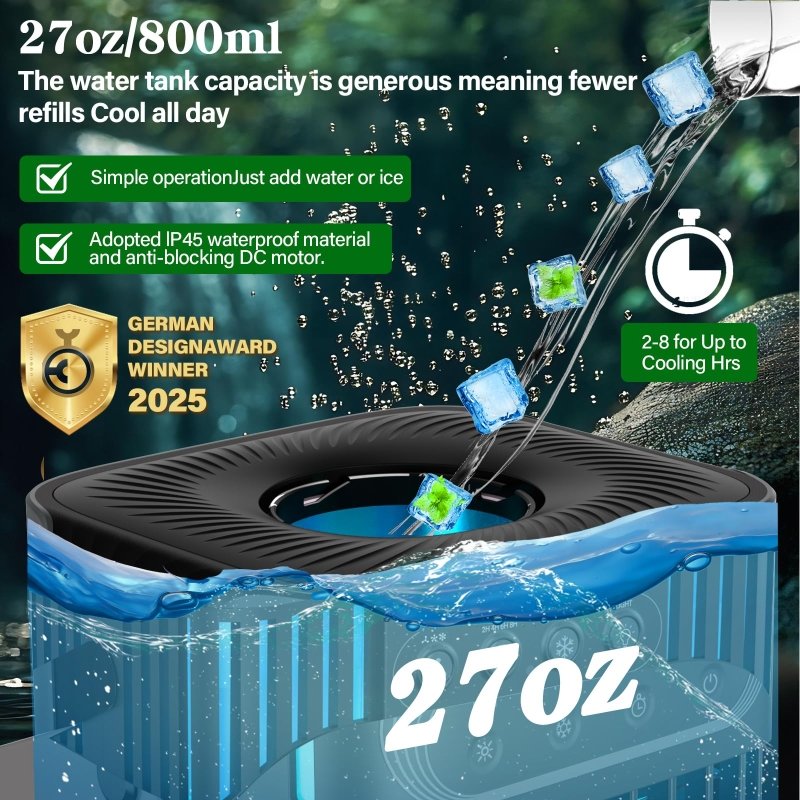 Small Portable Air Conditioner, LEAEYFE 3 Higher Speeds With 800ml Extra Large Water Tank, 120° Oscillating Mini Cooler Works Within 9 Feet, 2/8 Hour Timer,For Desk, Home, bed and Living RoomLEAEYFE