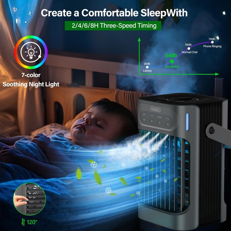 Small Portable Air Conditioner, LEAEYFE 3 Higher Speeds With 800ml Extra Large Water Tank, 120° Oscillating Mini Cooler Works Within 9 Feet, 2/8 Hour Timer,For Desk, Home, bed and Living RoomLEAEYFE