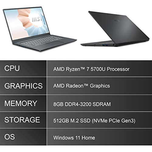 MSI Modern 15, AMD Ryzen 7 5700U, 15.6 Inches Fhd IPS-Level 60Hz Panel Laptop (8Gb/512Gb Nvme Ssd/Windows 11 Home/Carbon Grey/1.6Kg), A5M-280In