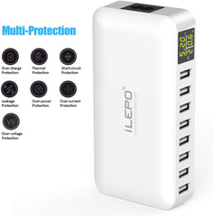 pedkit 8-Ports Smart USB Hub with LCD Display Fast Charging Wall Charger Power Adapter with Cord, 4ft, 50W, 8A