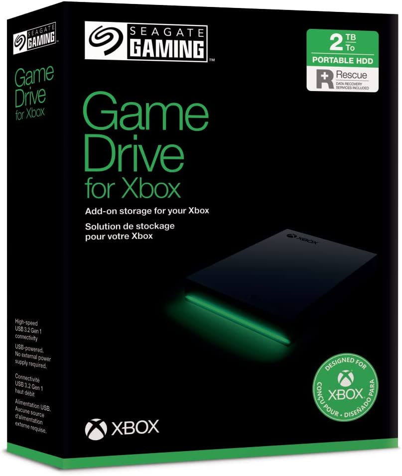 Seagate Game Drive for Xbox, 2TB, External Hard Drive Portable, USB 3.2 Gen 1, Black with built-in green LED bar, Xbox Certified, 2 year Rescue Services (STKX2000400)