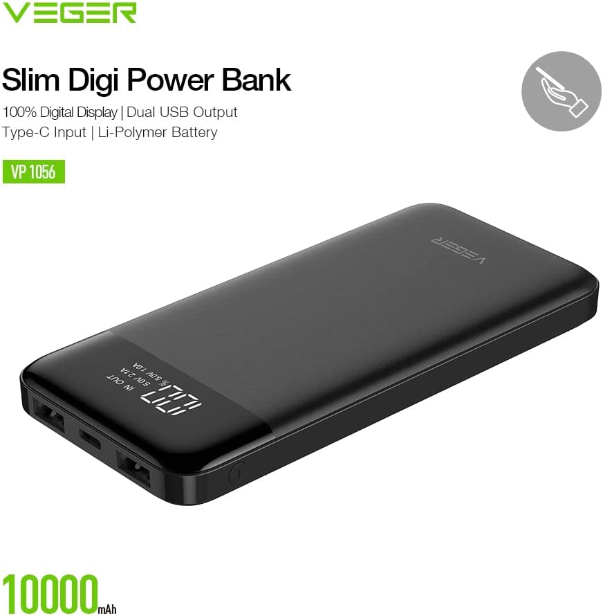 VEGER Slim power bank 10000mAh li-polymer external battery charge, LCD display portable power bank for IPhone,Samsung,Huawei and etc