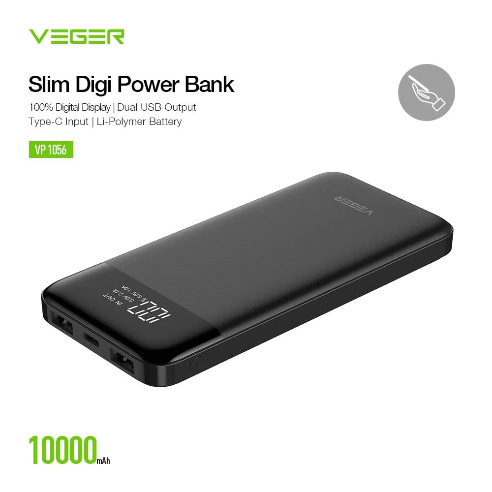 VEGER Slim power bank 10000mAh li-polymer external battery charge, LCD display portable power bank for IPhone,Samsung,Huawei and etc