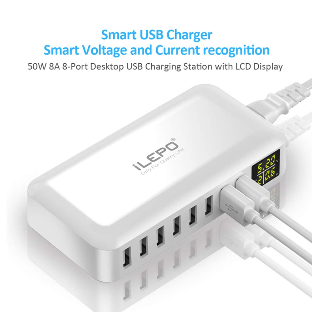 pedkit 8-Ports Smart USB Hub with LCD Display Fast Charging Wall Charger Power Adapter with Cord, 4ft, 50W, 8A