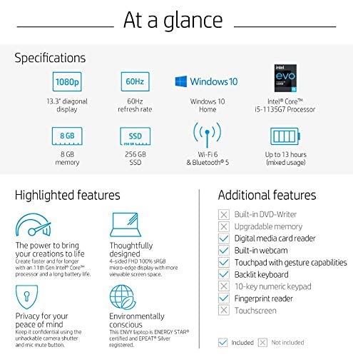 2021 Latest HP Envy 13 Laptop 13.3" FHD IPS 400Nits Display 11th Gen Core I5-1135G7 Upto 4.2GHz 8GB 512GB SSD Intel® Iris® Xe Graphics Backlit Eng Keyboard WIN10 SIlver