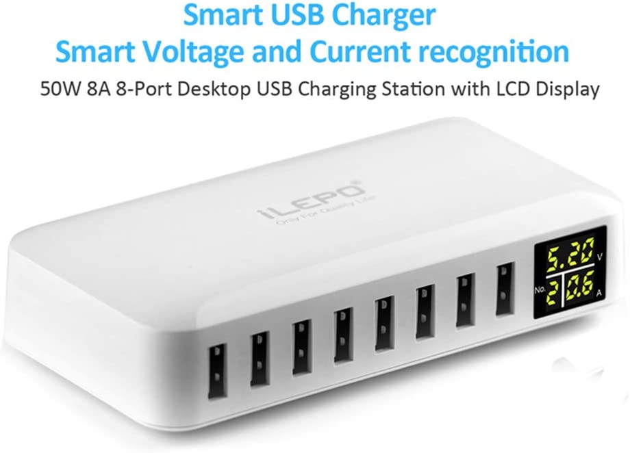 pedkit 8-Ports Smart USB Hub with LCD Display Fast Charging Wall Charger Power Adapter with Cord, 4ft, 50W, 8A