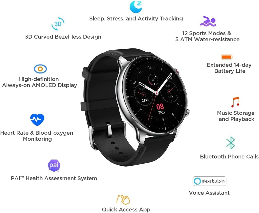 Amazfit Gtr 2 Smartwatch With 3Gb Music Storage, Gps, Heart Rate, Sleep, Stress, Spo2 Monitor, 14-Day Battery Life, Bluetooth Phone Calls, 90 Sports Modes, Water-Resistant, Sports