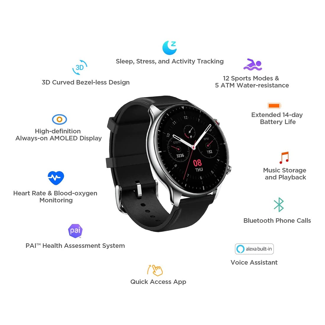 Amazfit Gtr 2 Smartwatch With 3Gb Music Storage, Gps, Heart Rate, Sleep, Stress, Spo2 Monitor, 14-Day Battery Life, Bluetooth Phone Calls, 90 Sports Modes, Water-Resistant, Sports