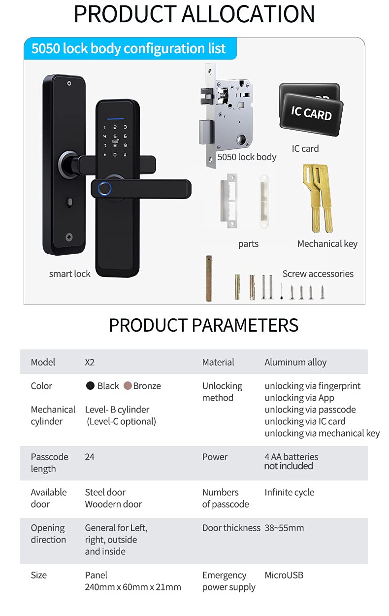 Smart Fingerprint Door Lock with Handles, Keyless Entry Door Lock, APP Remote control WiFi Fingerprint Keypad Card Keyless Unlock for Aluminum Swing Wooden Door