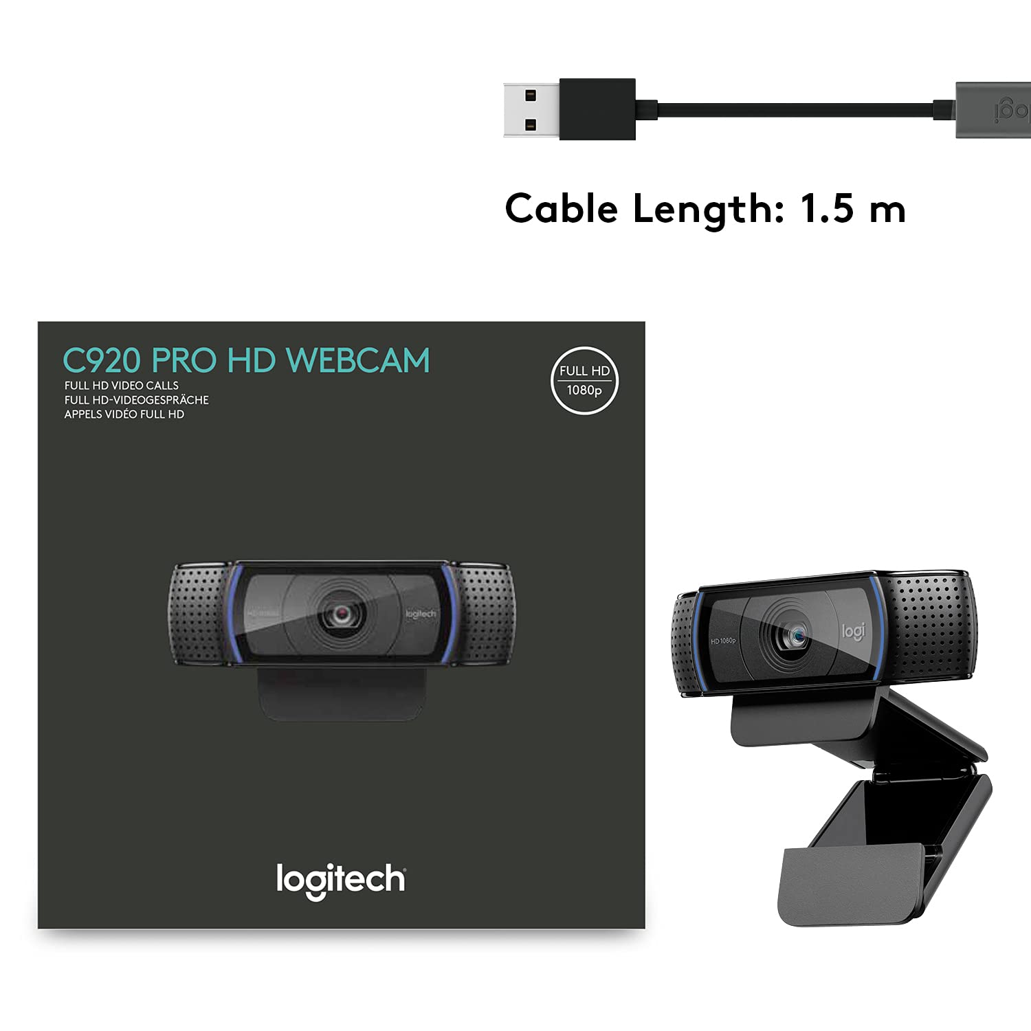 Logitech C920 Hd Pro Webcam, Full Hd 1080P/30Fps Video Calling, Clear Stereo Audio, Hd Light Correction, Works With Skype, Zoom, Facetime, Hangouts, Pc/Mac/Laptop/Macbook/Tablet - Black