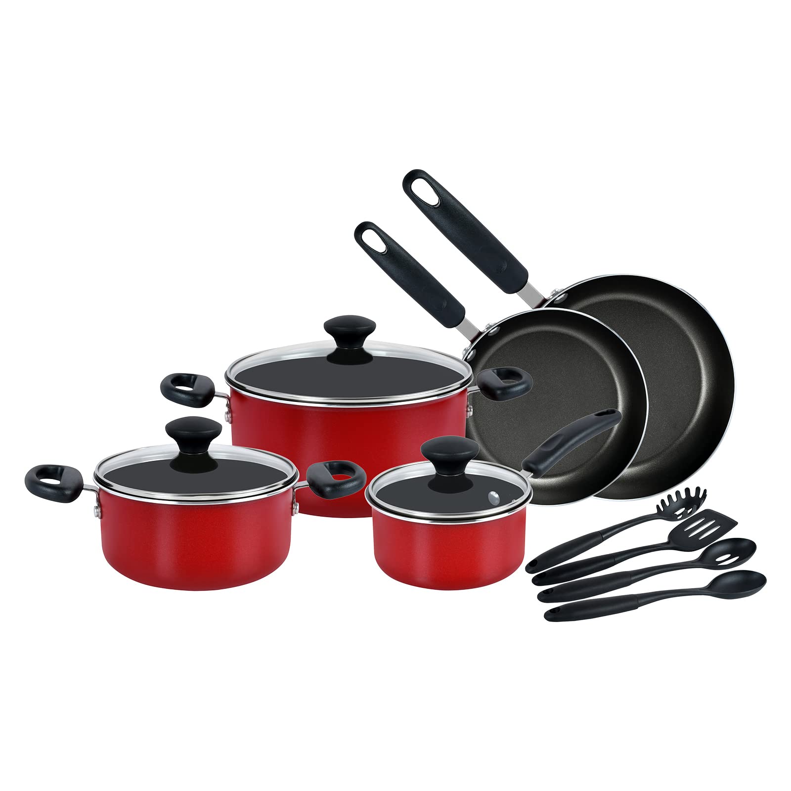 Prestige 12 Piece Non stick cookware Set | Cookware set induction base | Non Stick Cooking Pan Set | Saucepan and Casserole Set with Glass Lid | Color Red