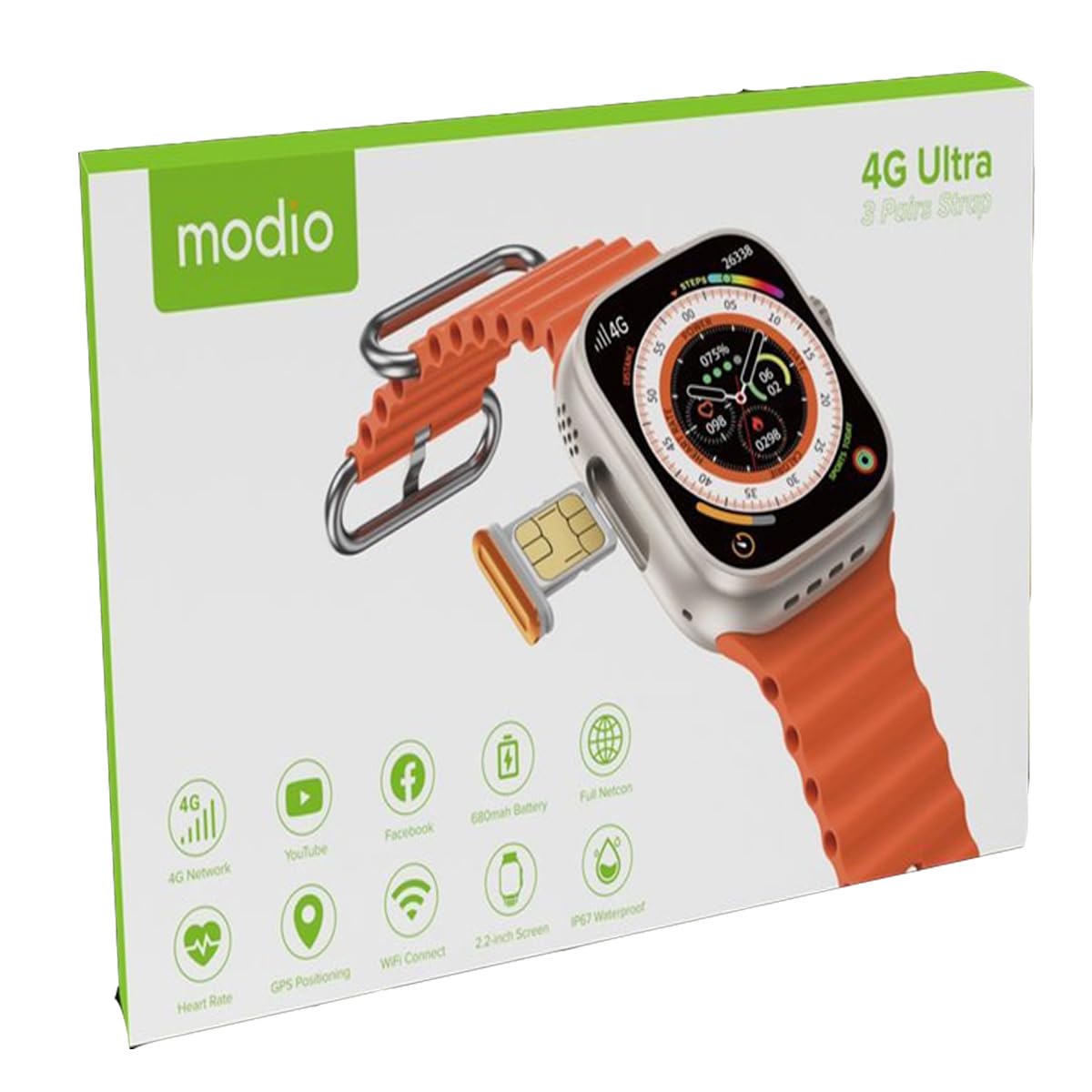 Modio 4G Ultra 2.2 Inch HD Display Smart Watch (Gold), Cellular