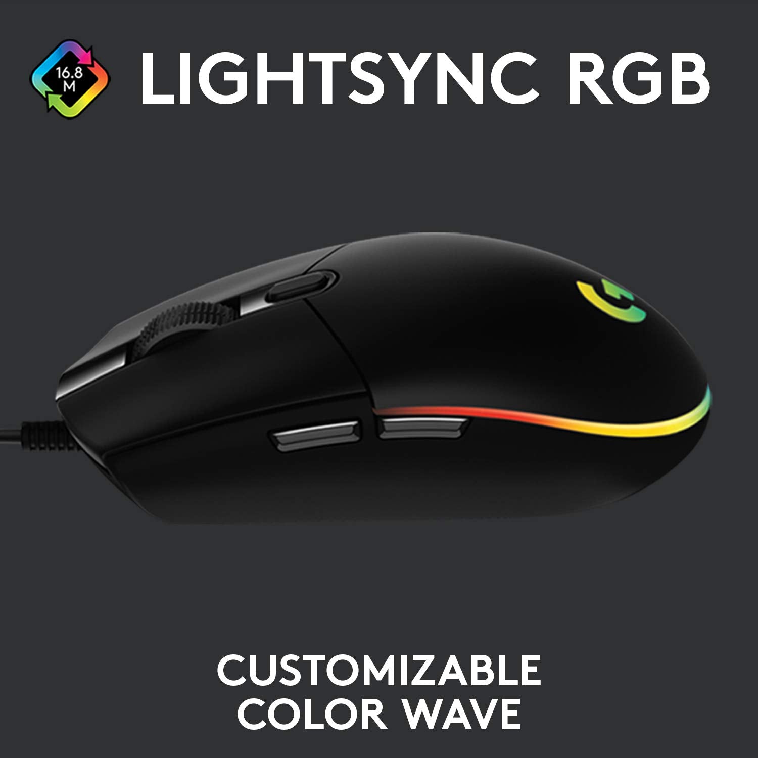 Logitech G203 Lightsync Gaming Mouse, 8000 Dpi, Customizable Buttons & Color Waves - Black