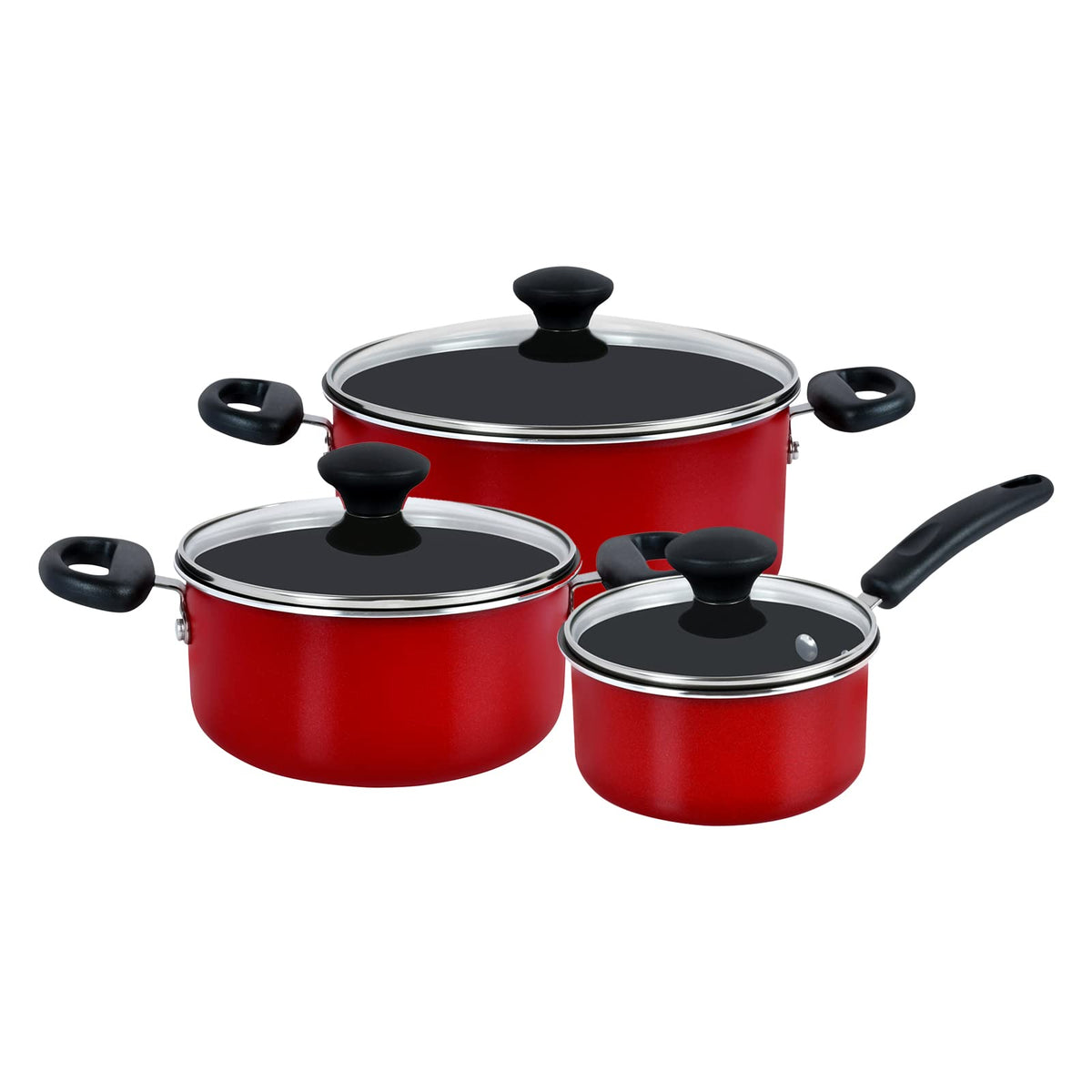 Prestige 12 Piece Non stick cookware Set | Cookware set induction base | Non Stick Cooking Pan Set | Saucepan and Casserole Set with Glass Lid | Color Red