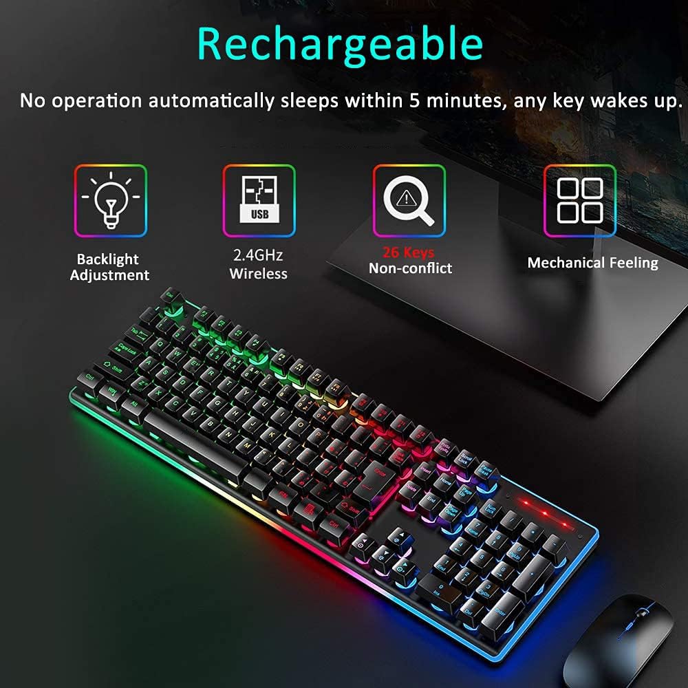 Wireless Gaming Keyboard Rainbow LED Backlit 7 Color Changing Multimedia Keys, Chroma Rechargeable Mechanical Ergonomic Full Size Waterproof Dustproof for Computer Mac Gamer, PC, Desktop, Laptop