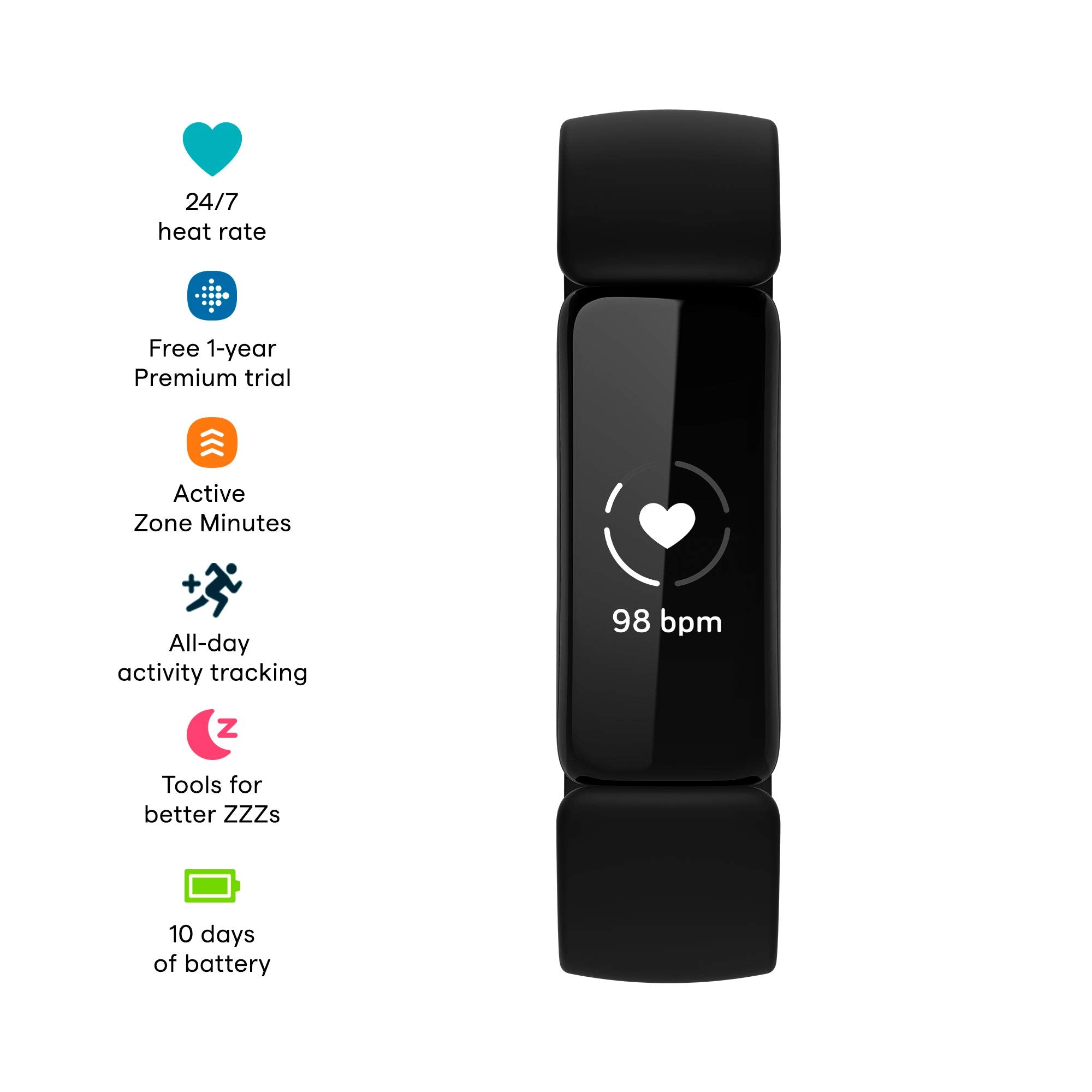 Fitbit Inspire 2, Health & Fitness Tracker With A Free 1-Year Fitbit Premium Trial, 24/7 Heart Rate & Up To 10 Days Battery, Black