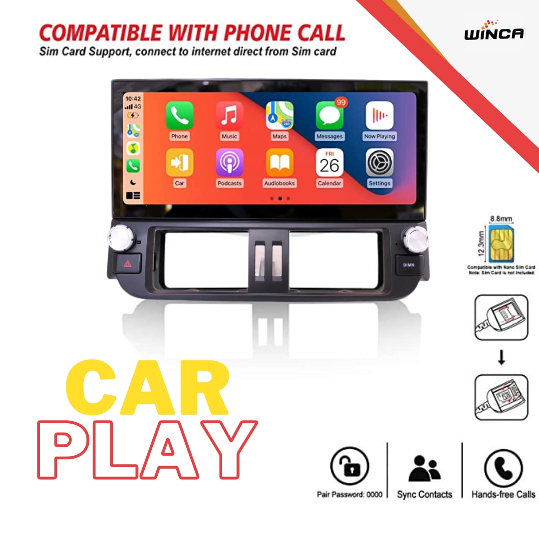 WINCA Car Stereo Screen For Toyota Prado 2010, 2011, 2012, 2013 Android Multimedia System With CarPlay PX6 12.3-v inch (RAM 4GB, ROM 32GB) FREE REAR CAMERA