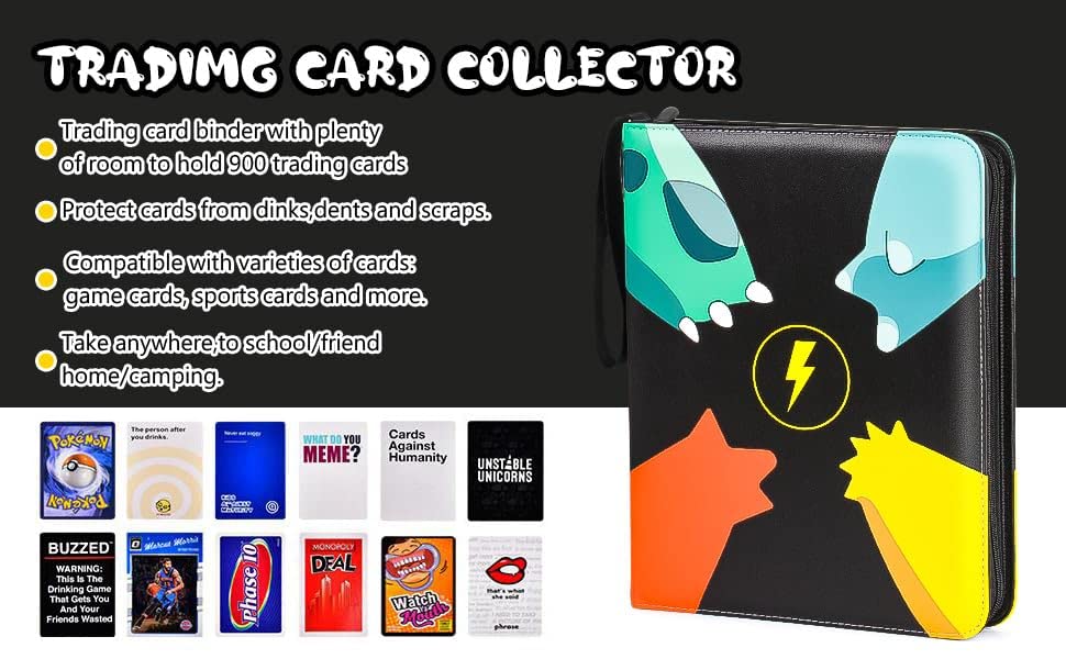 Smart Buy 9-Pockets Trading Card Binder with Sleeves and Bonus Stickers,Card Binder Collect Holder Case,900 Pockets Zipper Binder Case Album for Boys and Girls