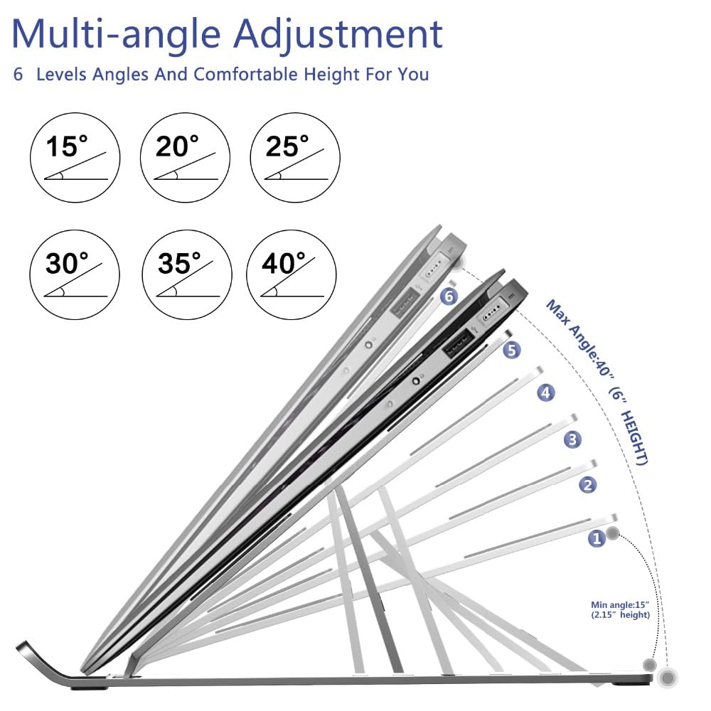 MARFAZ Adjustable Laptop Stand for desk 13 to 17 Inch Laptops & Tablets, Foldable Silver Laptop Stand, Aluminum Portable Laptop Holder for Desk, Ergonomic Design, Comfortable Viewing & Easy to Carry.