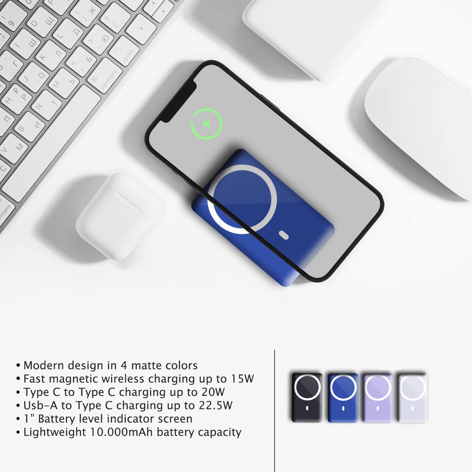 XVersion Power Bank Wireless Charger 10000 mAh Magnetic Mag-safe, Type C Mobile Fast Charging, Portable, Fast Powerbank iPhone charger Wireless station For iPhone 13/12/ Pro Max Android - Blue