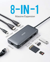 Anker USB C Hub, PowerExpand 8-in-1 USB C Adapter, with Dual 4K HDMI, 100W Power Delivery, 1 Gbps Ethernet, 2 USB 3.0 Data Ports, SD and microSD Card Reader, for MacBook Pro, XPS and More