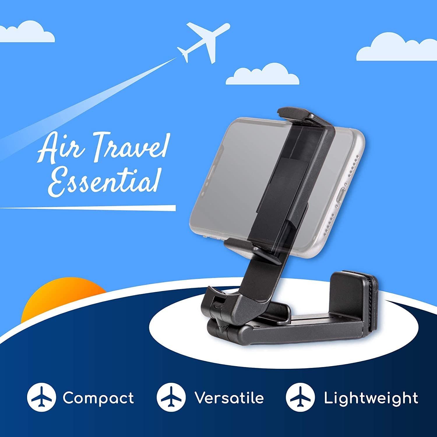 Universal Airplane in Flight Phone Mount. Handsfree Phone Holder for Desk with Multi-Directional Dual 360 Degree Rotation. Pocket Size Travel Essential Accessory for Flying.