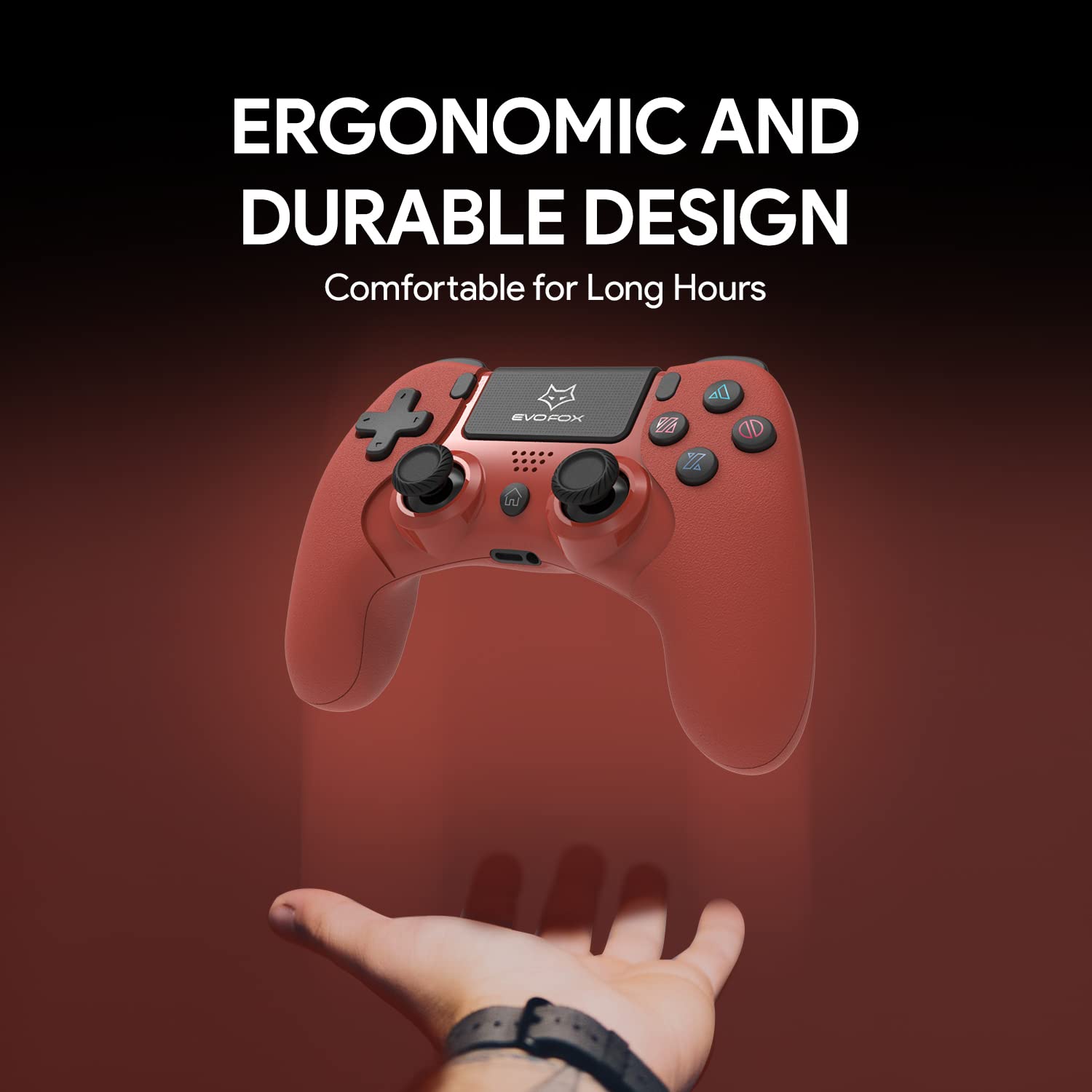 EvoFox Elite Play Wireless Controller for PS4/Pro/Slim, iPad and iPhones with Dual Vibration, Bluetooth Connection, 6-axis Gyro Sensor and 10 Hrs Gameplay (Red)