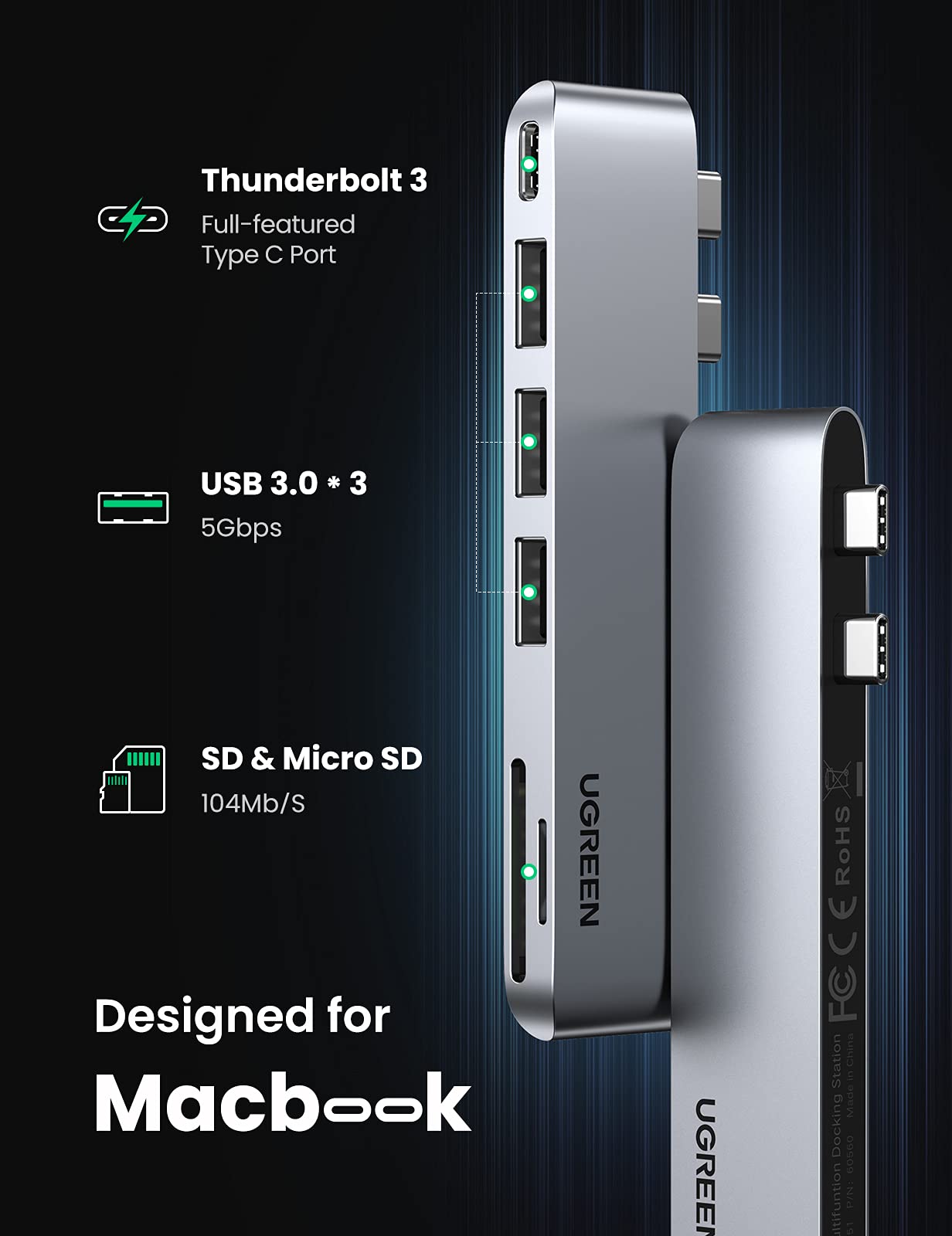 UGREEN 6 in 2 USB-C Hub PD 100W 40Gbps Dual Type C Dock for MacBook Pro M1 2021 Card Reader SD/TF, Superpeed Multi USB 3.0 Hub Compatible for Macbook Pro/Air M1 2021 2020, 2019, 2018, 2017, 2016