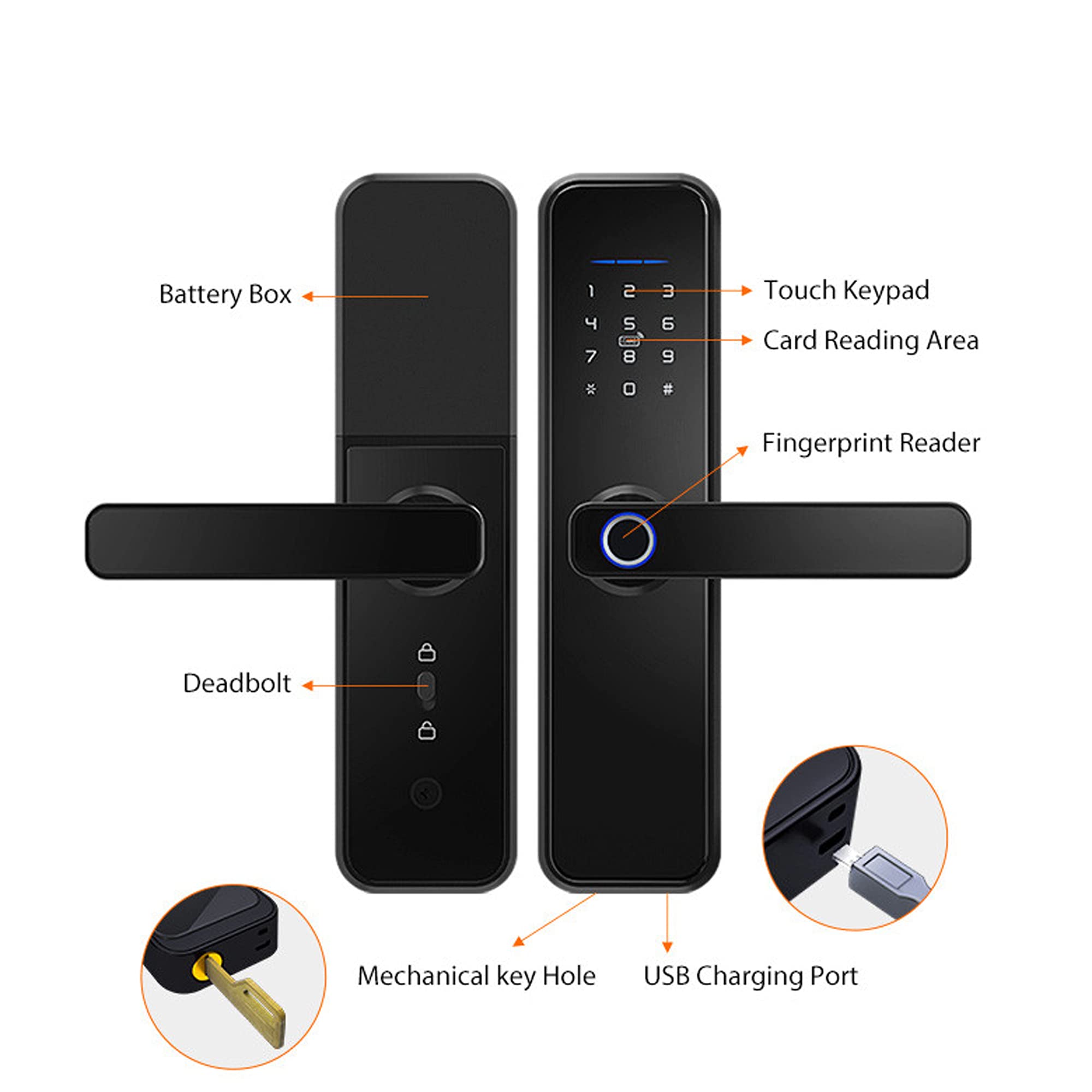 Smart Fingerprint Door Lock with Handles, Keyless Entry Door Lock, APP Remote control WiFi Fingerprint Keypad Card Keyless Unlock for Aluminum Swing Wooden Door