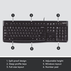 Logitech K120 Wired Keyboard for Windows, USB Plug and Play, Full Size, Spill Resistant, Curved Space bar PC / Laptop, English Layout Black