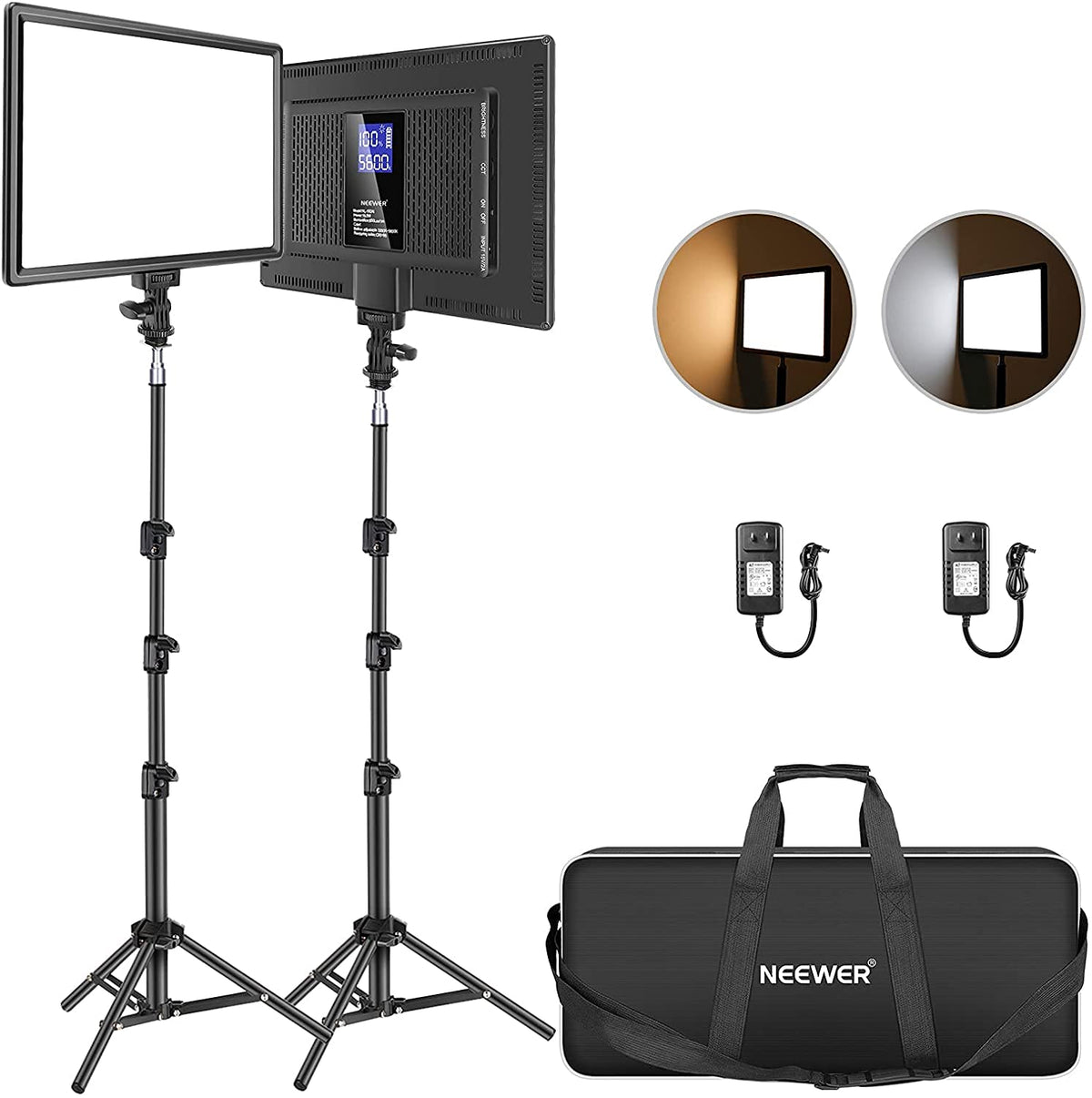 NEEWER LED Video Light Panel Lighting Kit, 2 Pack 12.9" Dimmable Bicolor Soft Lights with Light Stand, Built-in 8000mAh Battery, 3200K~5600K CRI 97+ 2400Lux