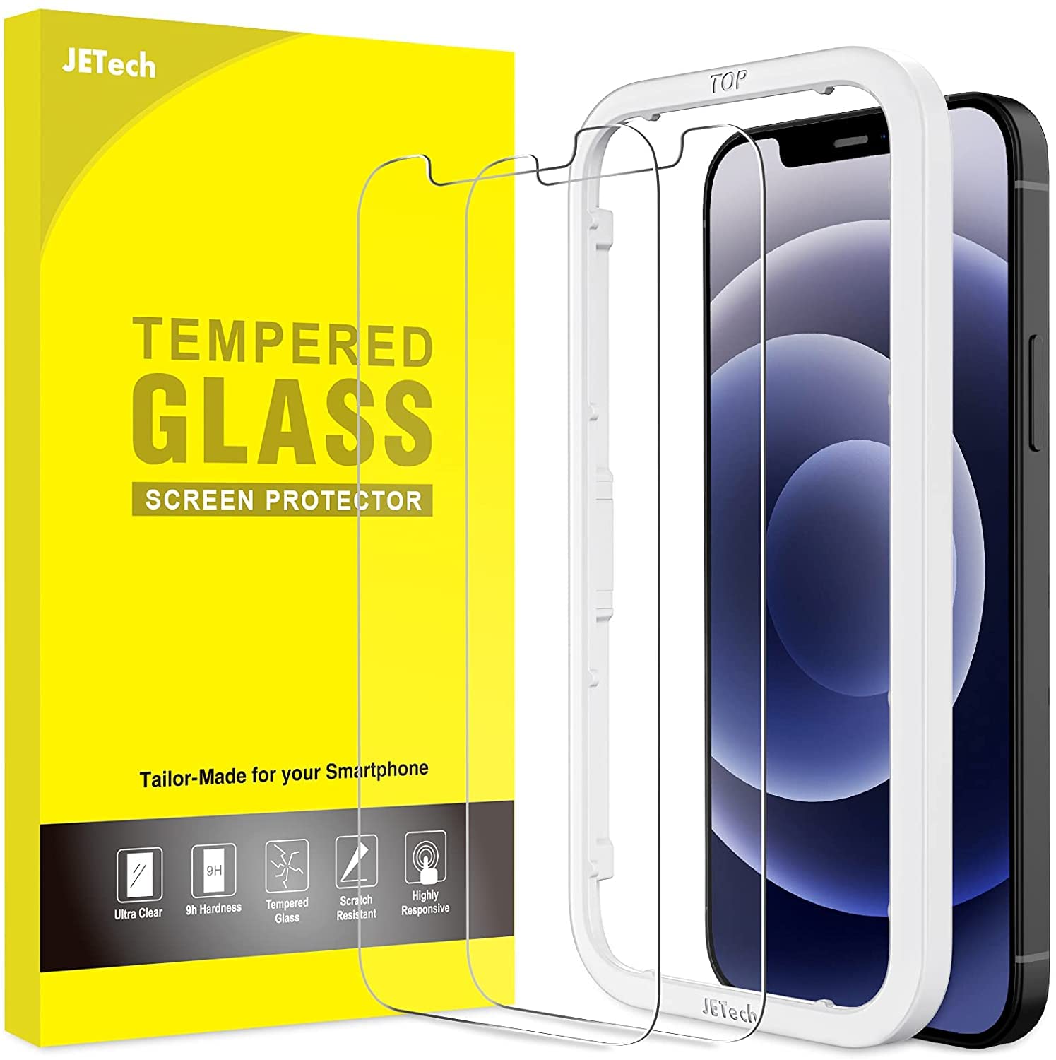 JETech Screen Protector for iPhone 12/12 Pro 6.1-Inch, Tempered Glass Film with Easy-Installation Tool, 2-Pack