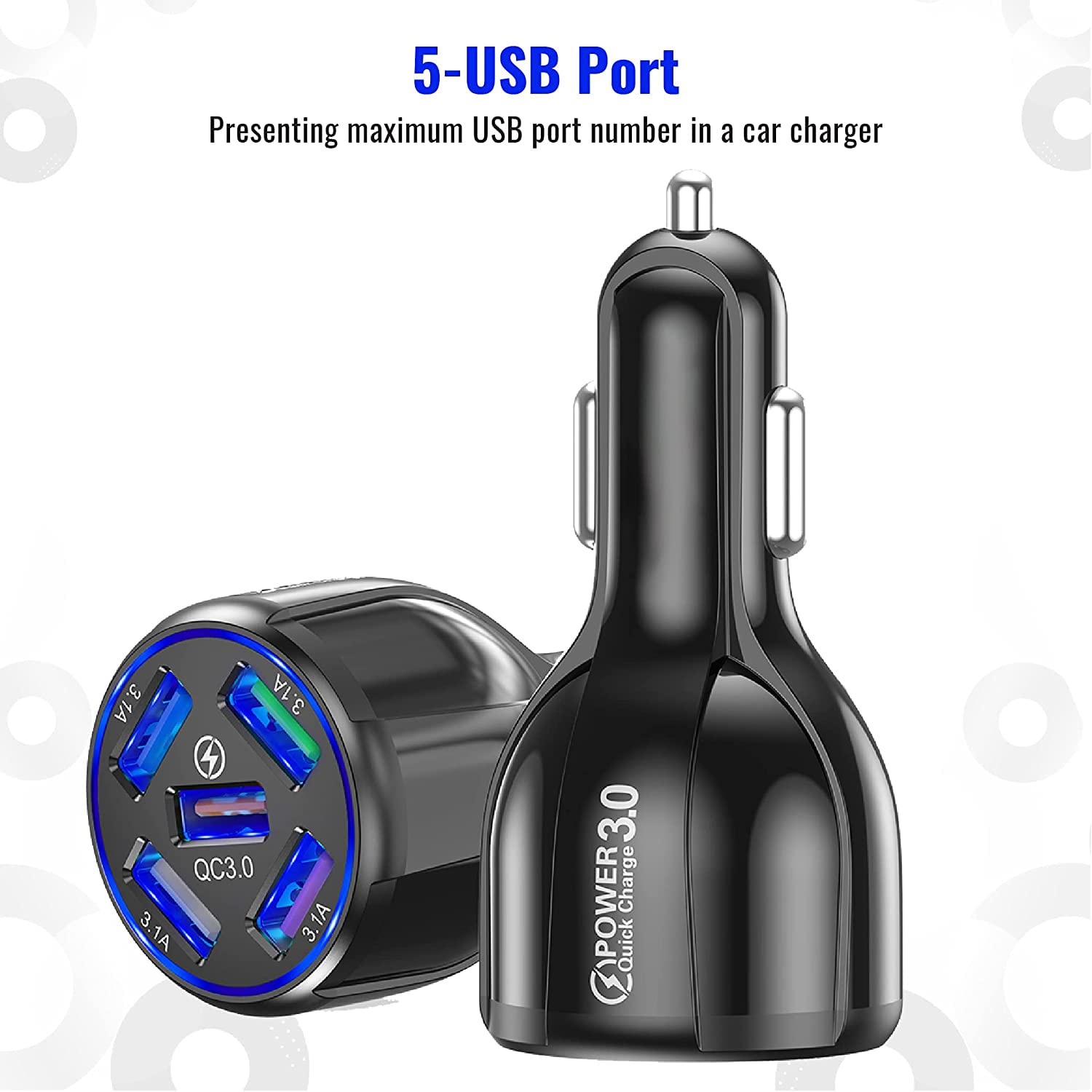 USB Car Charger - Multi-Protection, Blue LED Light, 58W 5 Ports with Quick Charge 3.0 USB Car Cigarette Adapter Fast Charger For Smart Phones, iPhones, Tablets, Power Banks, iOS and Android