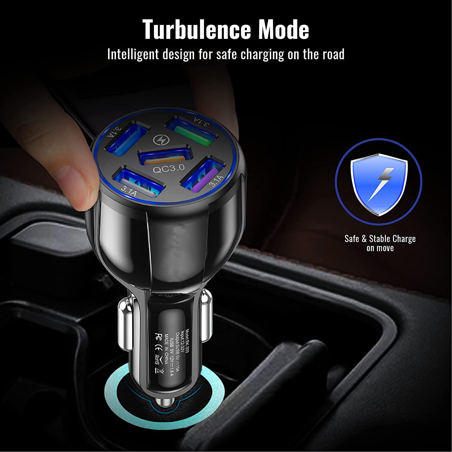 USB Car Charger - Multi-Protection, Blue LED Light, 58W 5 Ports with Quick Charge 3.0 USB Car Cigarette Adapter Fast Charger For Smart Phones, iPhones, Tablets, Power Banks, iOS and Android