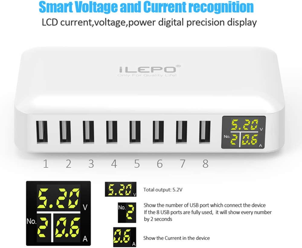 pedkit 8-Ports Smart USB Hub with LCD Display Fast Charging Wall Charger Power Adapter with Cord, 4ft, 50W, 8A