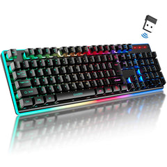 Wireless Gaming Keyboard Rainbow LED Backlit 7 Color Changing Multimedia Keys, Chroma Rechargeable Mechanical Ergonomic Full Size Waterproof Dustproof for Computer Mac Gamer, PC, Desktop, Laptop