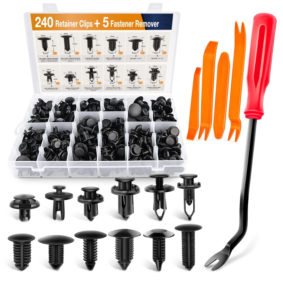 240PCS Bumper Retainer Clips Car Plastic Rivets Fasteners Push Retainer Kit Most Popular Sizes Auto Push Pin Rivets Set -Door Trim Panel Fender Clips for GM Ford Toyota Honda Chrysler