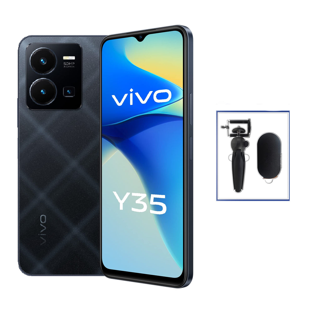 vivo Y35 Dual Sim (Agate Black, 8GB RAM, 128GB) 50MP Rear Camera | 5000 mAh Battery | 44W Charging | Snapdragon 680 Processor | 12 Months Warranty + Bundle Set