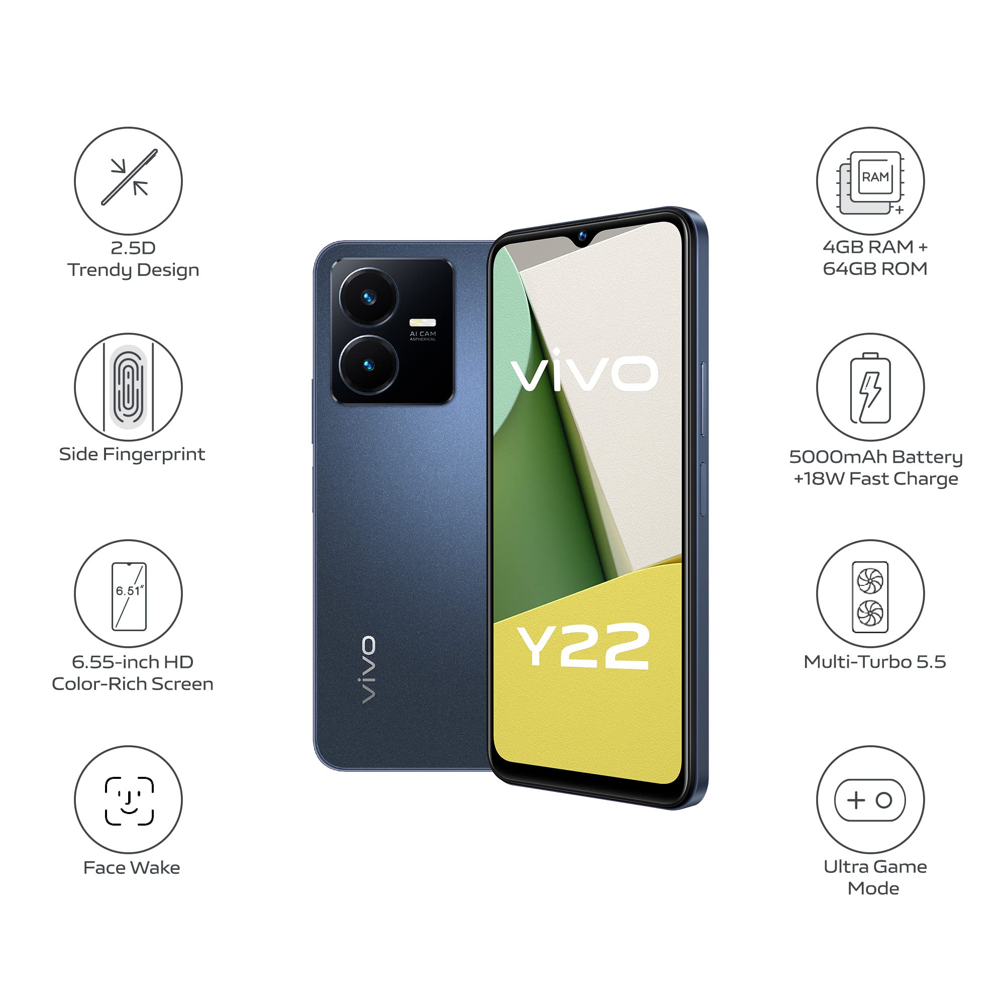 vivo Y22 4G (Starlit Blue, 4GB RAM, 128GB) 50MP Rear Camera | 5000 mAh Battery | 18W Charging | Snapdragon 680 Processor | 12 Months Warranty + Backpack