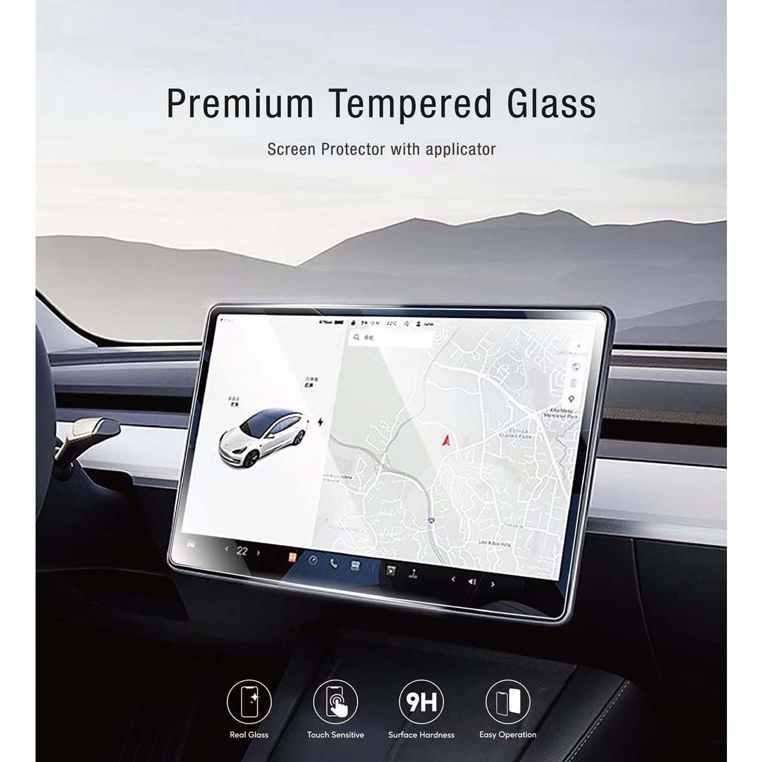 Green Lion Anti-Glare Screen Protector 15" Designed for Tesla Model 3 and Model Y Control Panel Vehicles, Real Glass, Touch Sensitive, 9H Surface Hardness, Easy to Attach- Clear