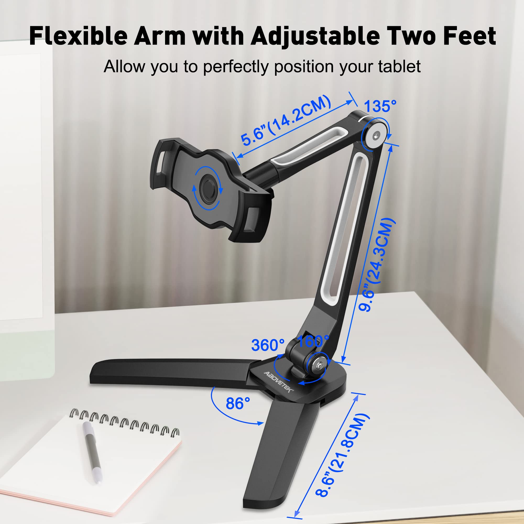 AboveTEK Kitchen Tablet Stand – HIGHFlex 360 Superior Strength Portable 4.7 to 13.5 Inch Universal Tablet Stand & Phone Holder for Kitchen, Counter & Wall – 4 PT Wobble Free Mount (Black)