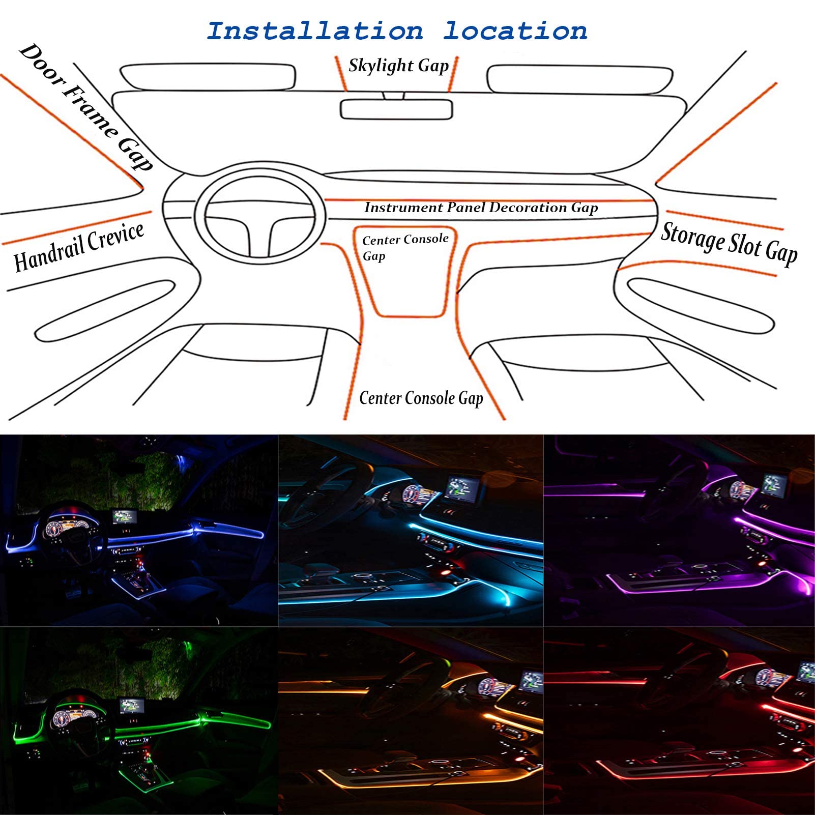 Car LED Strip Light, RGB Interior Car Lights, 5 in 1 with 236.22 inches Fiber Optic, Multicolor Dash Ambient Interior Lighting Kits, DIY Mode and Music Mode,Sound Active Function