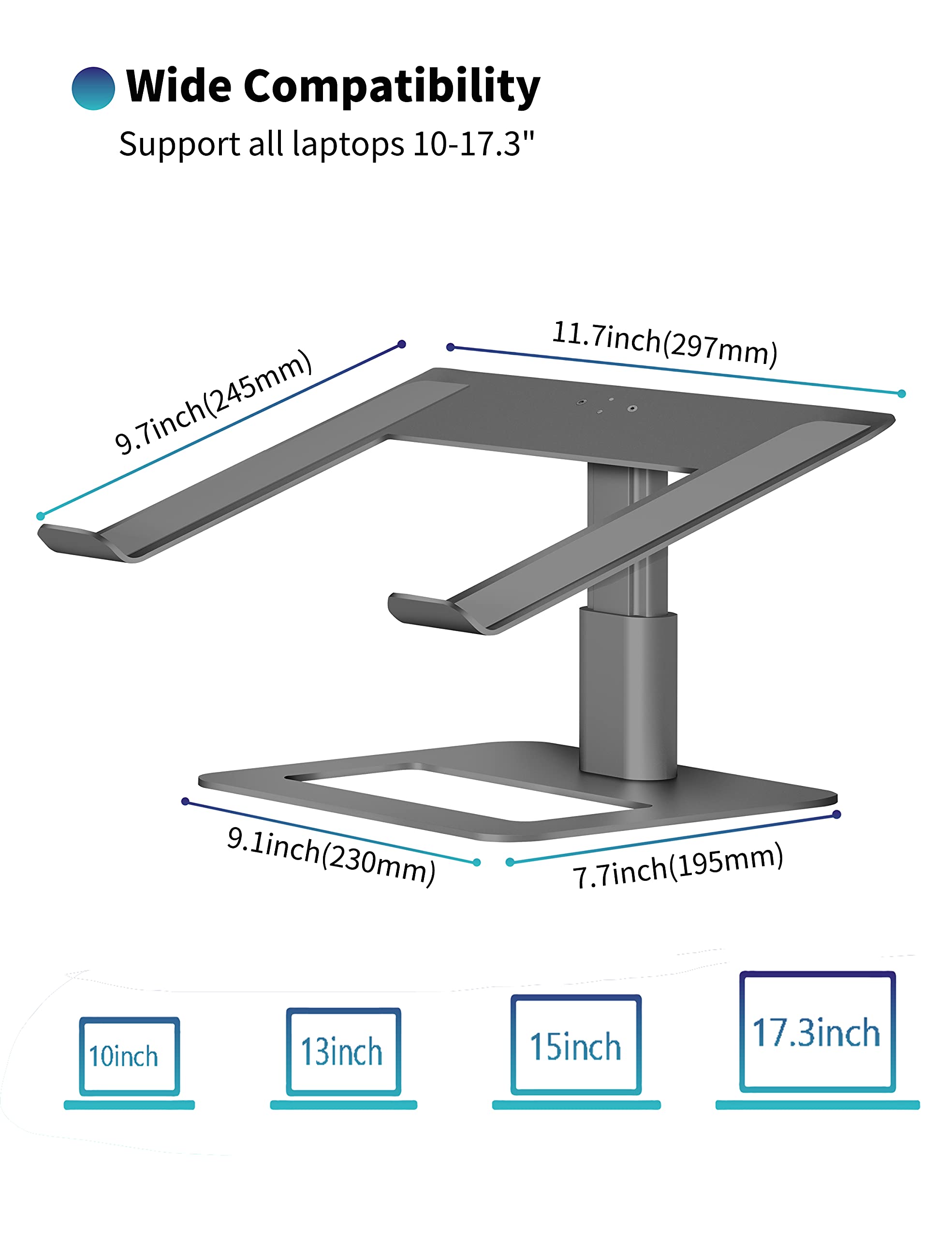 SOUNDANCE Adjustable Laptop Stand for Desk, Computer Stand, Ergonomic Laptop Riser Holder Compatible with 10 to 17.3 Inches Notebook PC Computer, Aluminum Grey