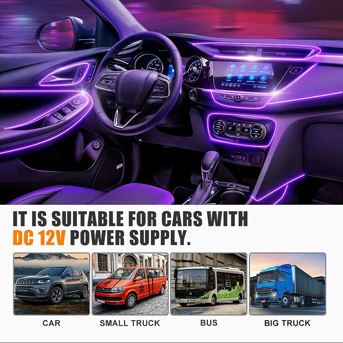 Car LED Strip Light, RGB Interior Car Lights, 5 in 1 with 236.22 inches Fiber Optic, Multicolor Dash Ambient Interior Lighting Kits, DIY Mode and Music Mode,Sound Active Function