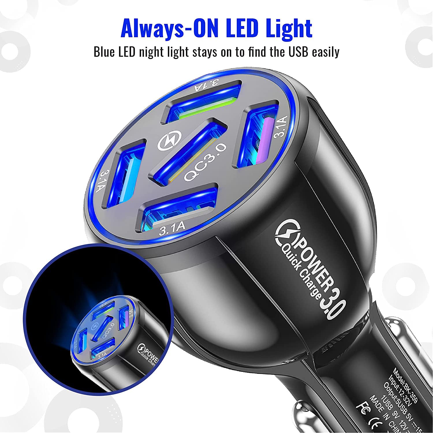 USB Car Charger - Multi-Protection, Blue LED Light, 58W 5 Ports with Quick Charge 3.0 USB Car Cigarette Adapter Fast Charger For Smart Phones, iPhones, Tablets, Power Banks, iOS and Android