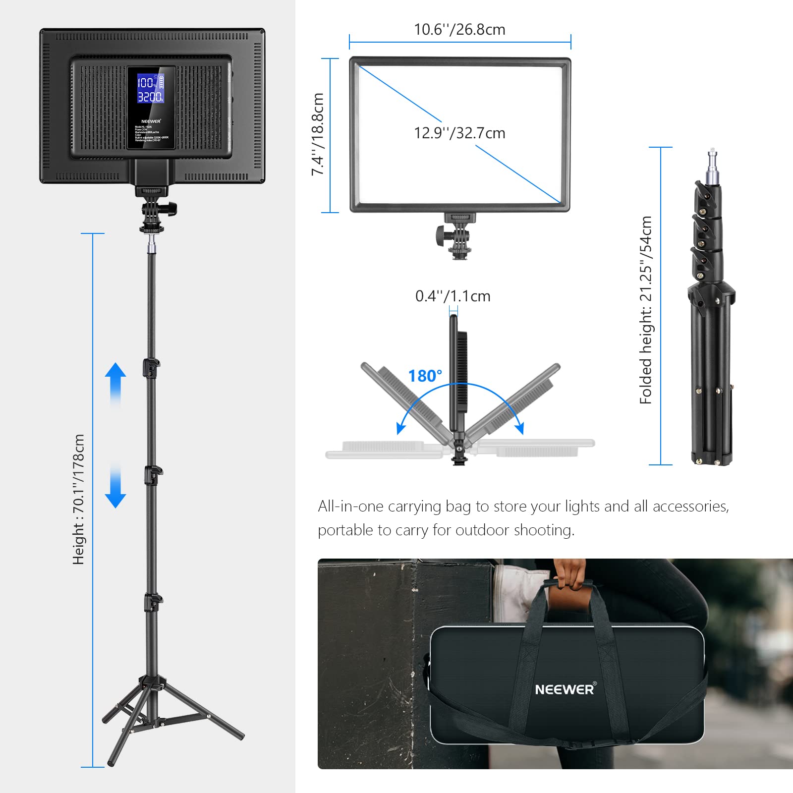 NEEWER LED Video Light Panel Lighting Kit, 2 Pack 12.9" Dimmable Bicolor Soft Lights with Light Stand, Built-in 8000mAh Battery, 3200K~5600K CRI 97+ 2400Lux