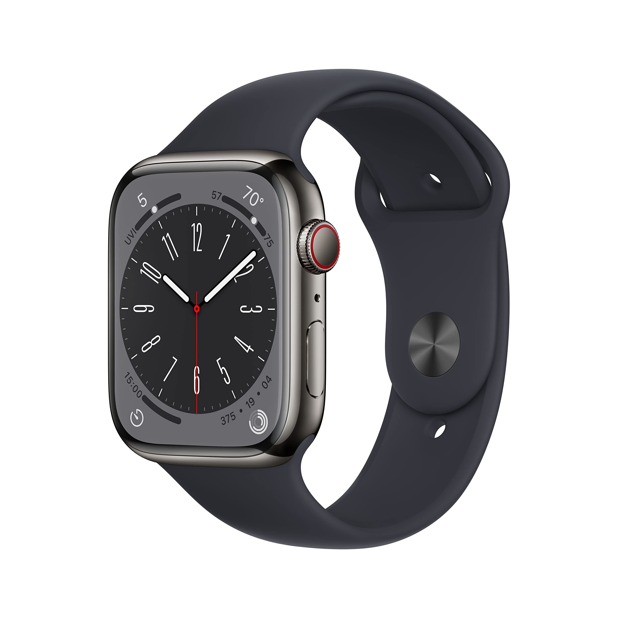 New Apple Watch Series 8 (GPS + Cellular 45mm) Smart watch - Graphite Stainless Steel Case with Midnight Sport Band - Regular. Fitness Tracker, Blood Oxygen & ECG Apps, Water Resistant