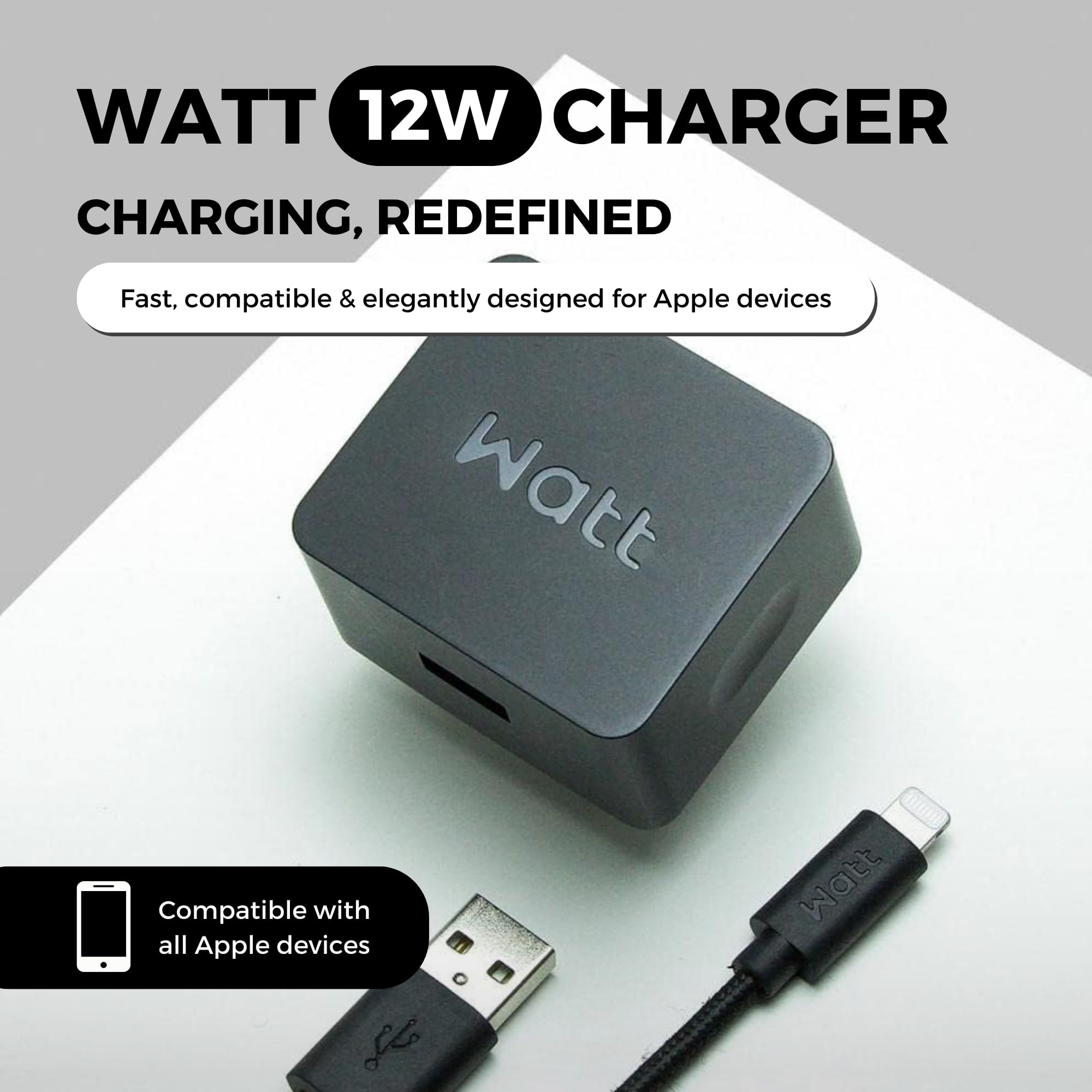 12W Charger with 1m Cable Black- Fast & Efficient Charging Compatible for Apple Devices- Portable and Stylish Design for On-the-Go Charging