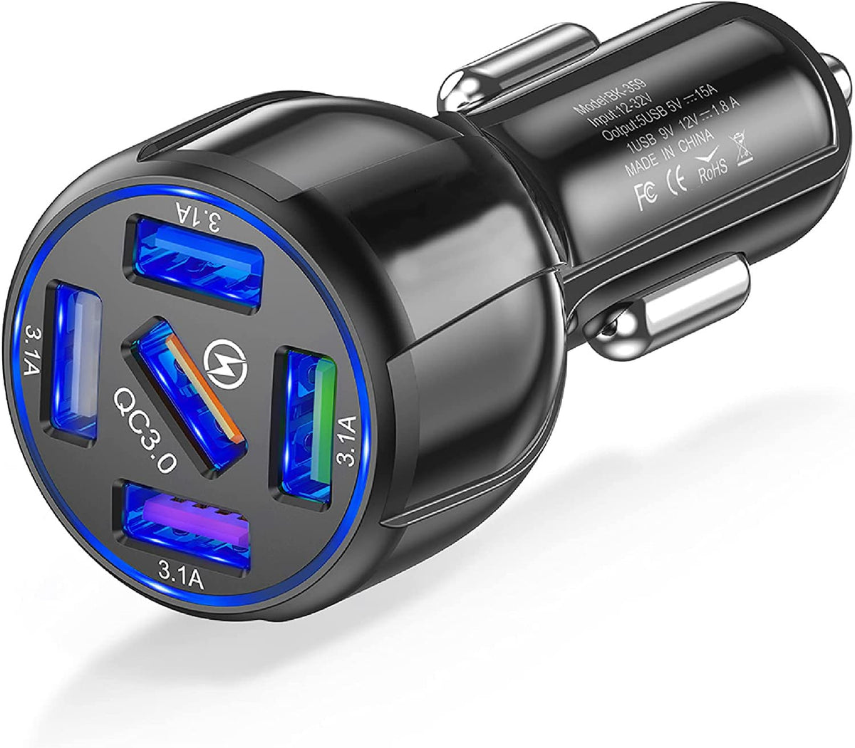 USB Car Charger - Multi-Protection, Blue LED Light, 58W 5 Ports with Quick Charge 3.0 USB Car Cigarette Adapter Fast Charger For Smart Phones, iPhones, Tablets, Power Banks, iOS and Android