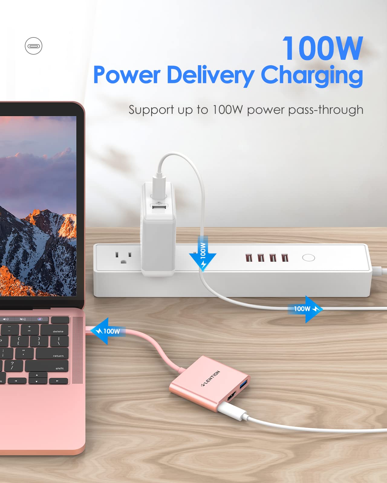 LENTION 3-in-1 USB C Hub with 100W Type C Power Delivery, USB 3.0 & 4K HDMI Adapter Compatible 2022-2016 MacBook Pro, New Mac Air/Surface, More, Stable Driver Certified (CB-C14, Rose Gold)